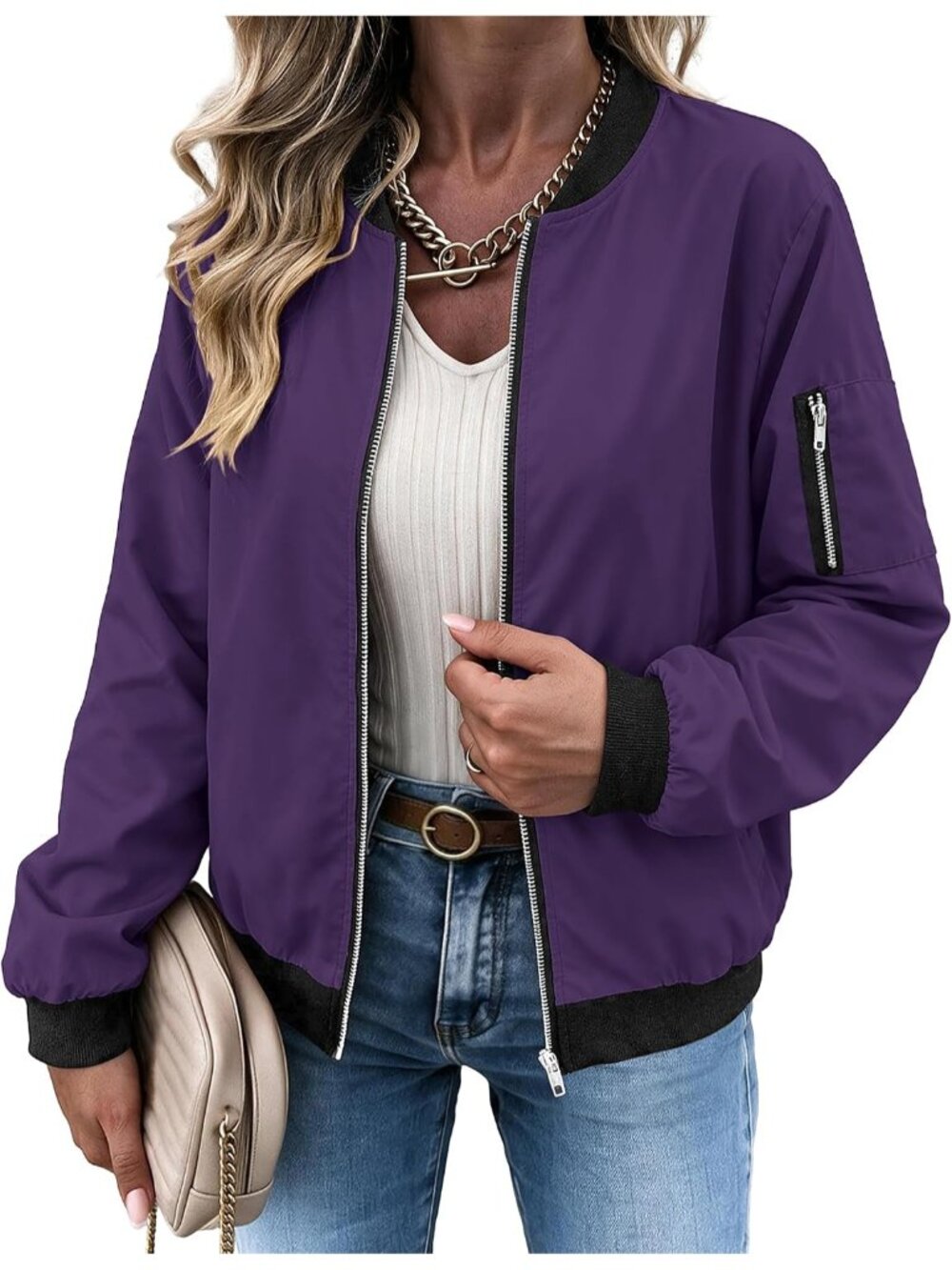 〽️Women's Purple Casual Lightweight Spring Fall Clothes Pockets Bomber Jacket